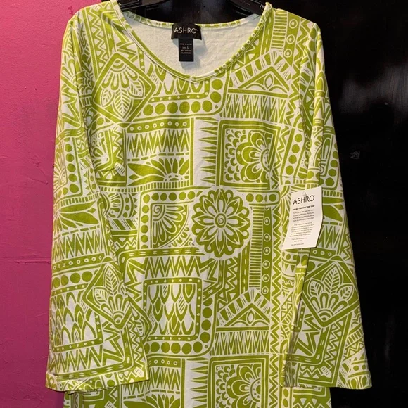 NWT Ashro Dress Size L Green White Long Sleeve Knee Length Garden Party Church - Picture 6 of 11